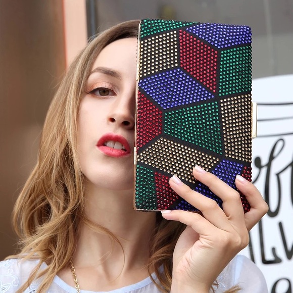 Handbags - Rhinestone studded multicolor evening clutch bag